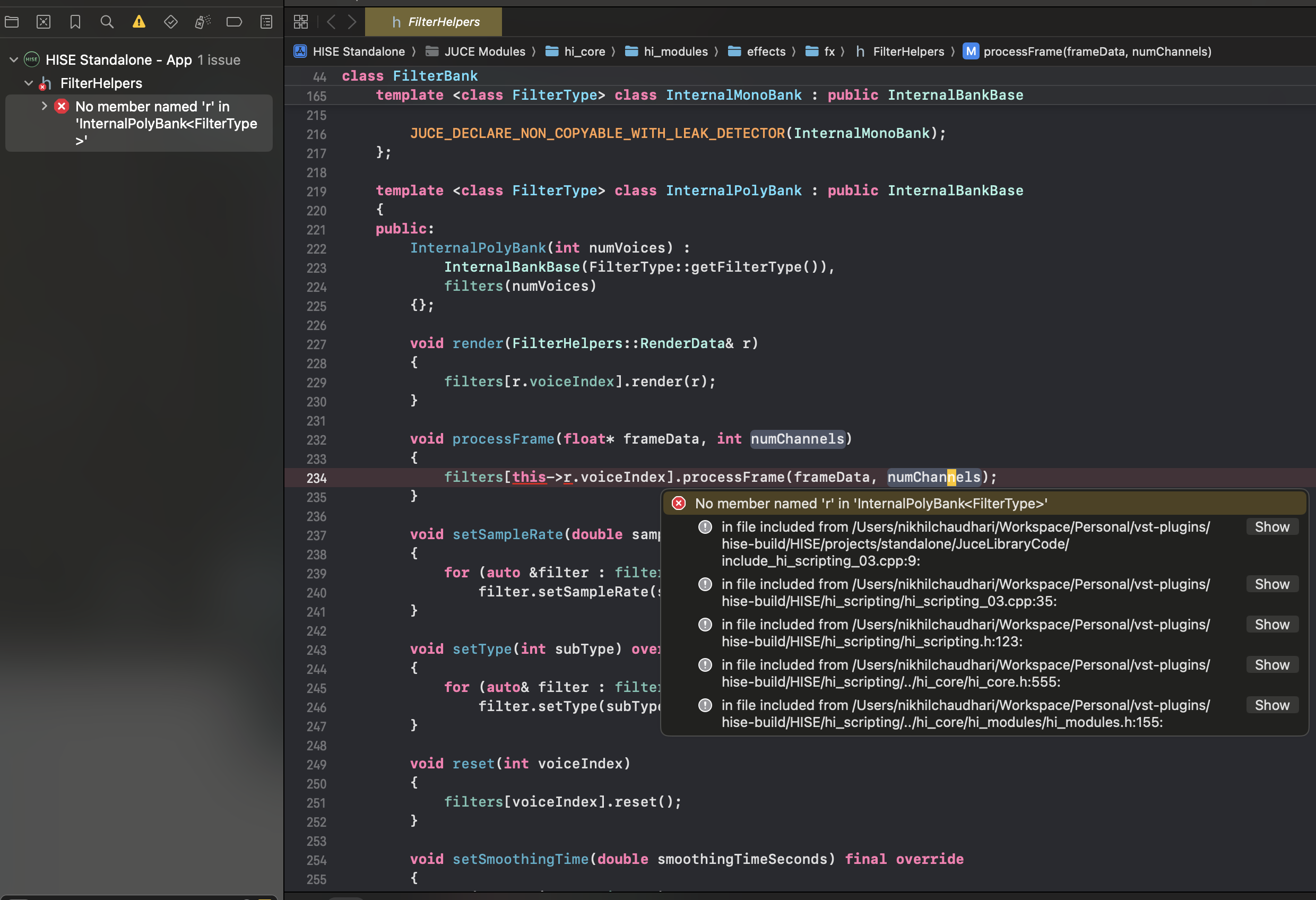 Buildling HISE from latest branch and commit throws error in xcode mac ...