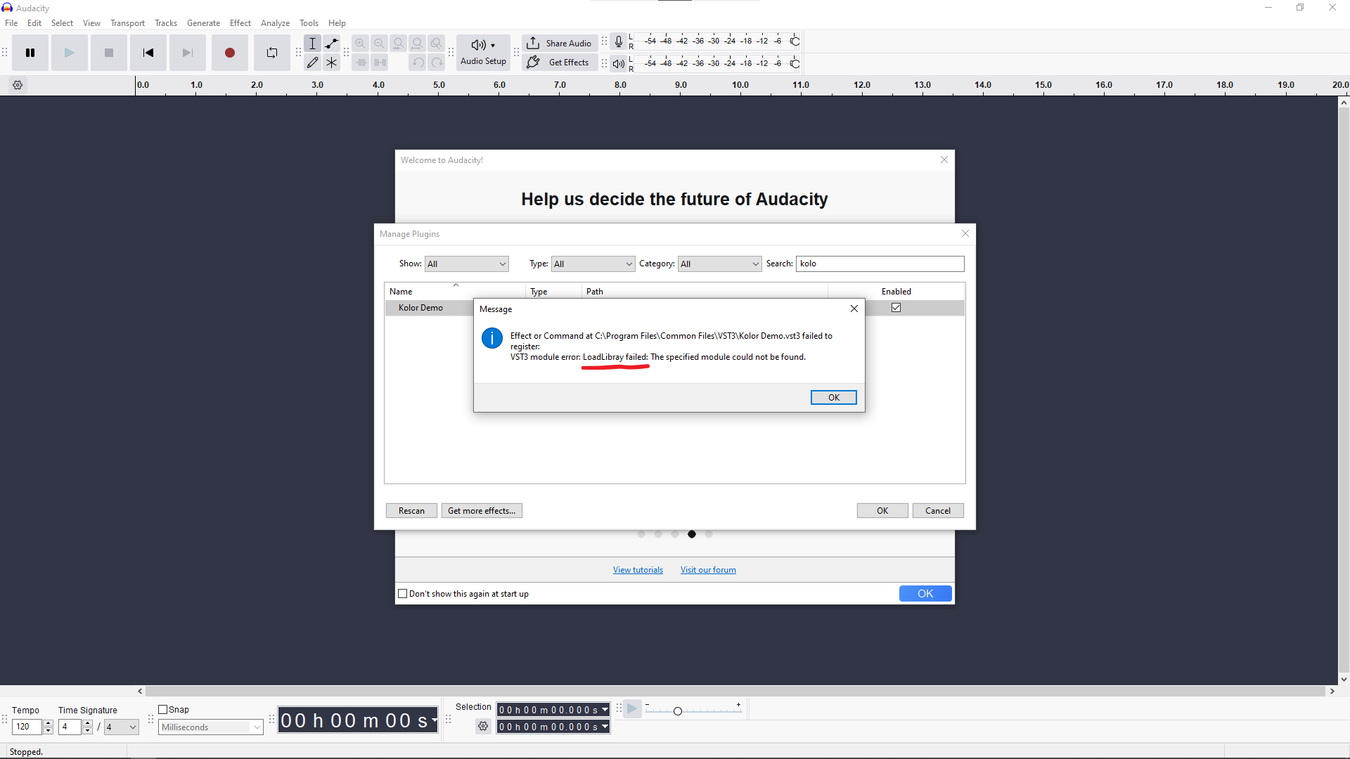 Kolor Demo LoadLibray Message Audacity 3.7.4.png